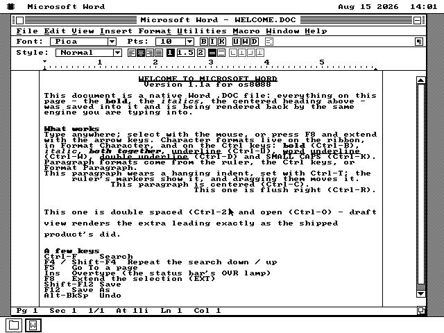 The same Word document in page view. The text now sits in a narrower centred column with the edges of the sheet drawn as vertical lines down either side, and the ruler has shrunk to match the column.