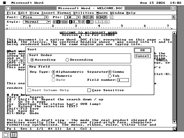 Word's Sort dialog open over the document, with Sort Order set to Ascending, a Key Field section offering Alphanumeric, Numeric and Date, a separator choice of Comma or Tab, and Sort Column Only and Case Sensitive checkboxes.