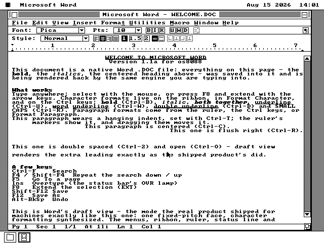 Microsoft Word open on the os8088 desktop, showing a welcome document with a centred heading, bold and italic text and an indented paragraph.