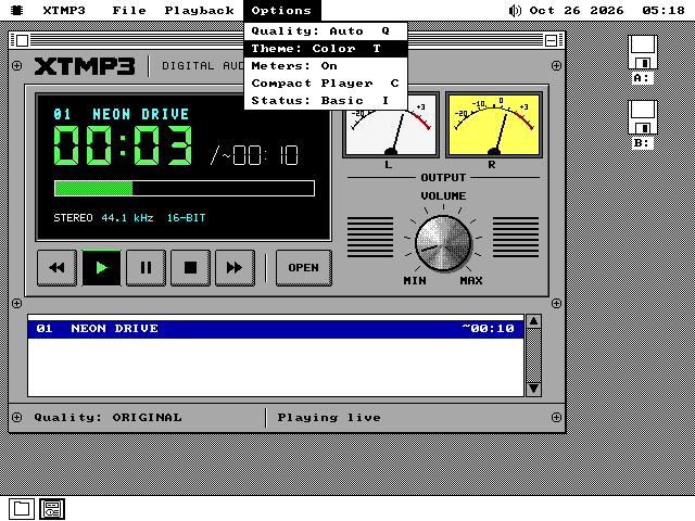 The Options menu open over XTMP3 while NEON DRIVE plays. Its items read Quality: Auto with the key Q, Theme: Color with T, Meters: On, Compact Player with C, and Status: Basic with I.