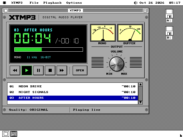 XTMP3 with three songs in its queue: 01 NEON DRIVE, 02 NIGHT SIGNALS and 03 AFTER HOURS, each about 00:10, with AFTER HOURS selected. The LCD reads 03 AFTER HOURS, 00:04, MONO 11 kHz 16-BIT. The left meter is labelled MONO and the right one BUFFER, with a 0 to 100 scale and its needle near 100. Quality: ORIGINAL, Playing live.