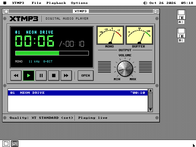 XTMP3 playing 01 NEON DRIVE at 00:06. The LCD's format line reads MONO 11 kHz 8-BIT, the meters are MONO and BUFFER, and the status bar reads Quality: XT STANDARD (set) and Playing live.